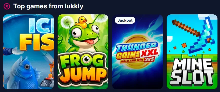 Juegos destacados de Lukkly: Ice Fishing, Frog Jump, Thunder Coins XXL y Mine Slot